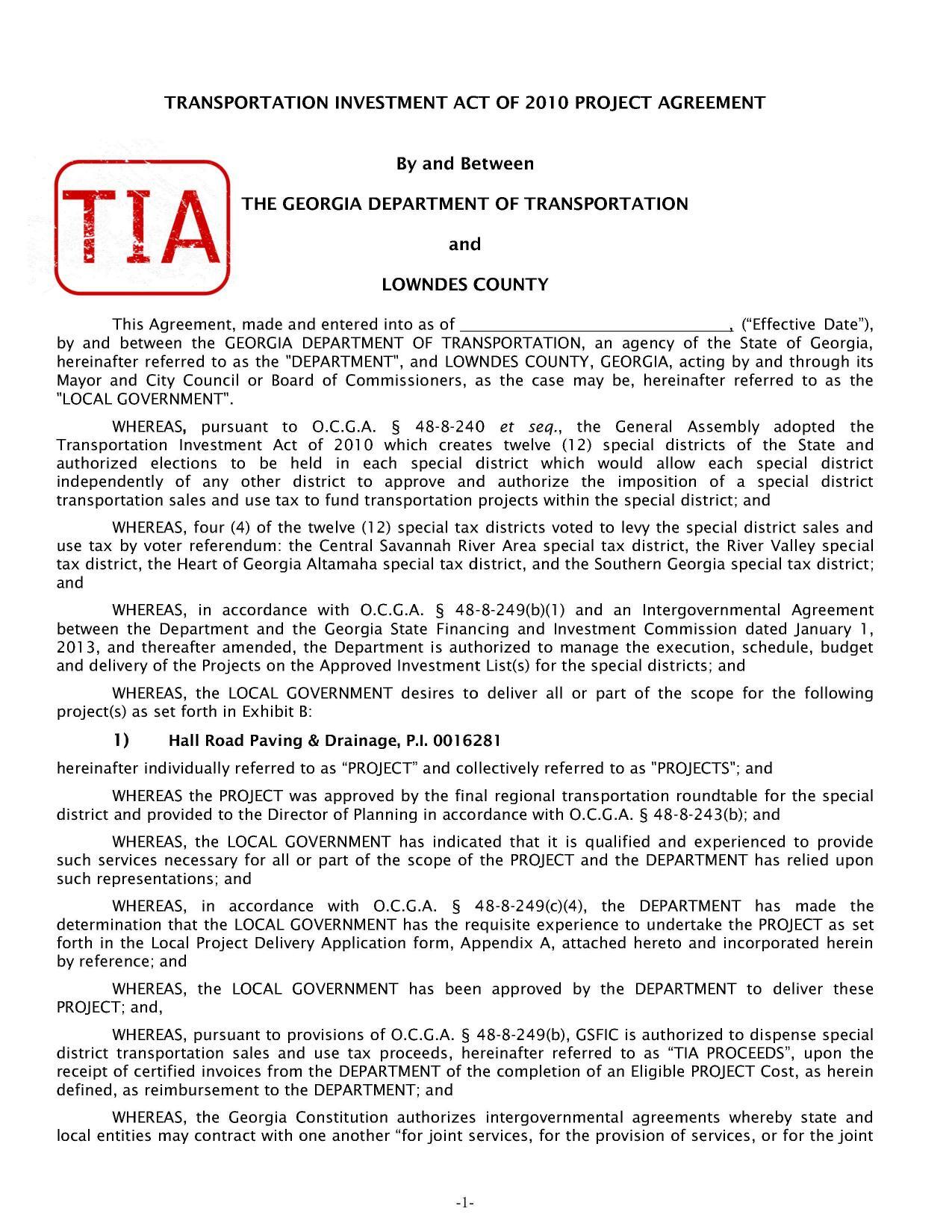 TRANSPORTATION INVESTMENT ACT OF 2010 PROJECT AGREEMENT