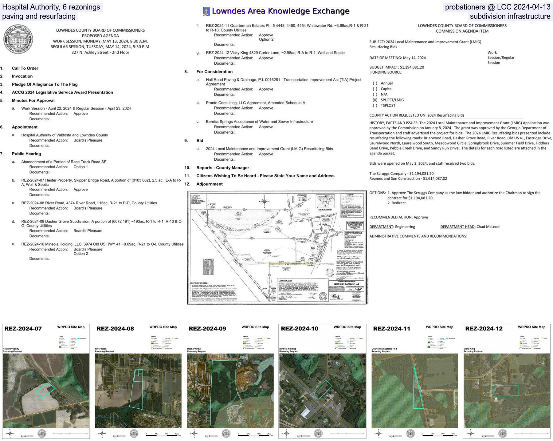 Hospital Authority, 6 rezonings, probationers, paving and resurfacing, subdivision infrastructure, road abandonment @ LCC 2024-04-13