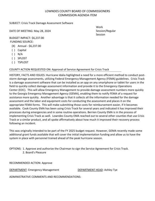 BUDGET IMPACT: $6,237.00 a more efficient method to conduct post-storm damage assessments, utilizing Federal Emergency Management Agency (FEMA) guidelines.