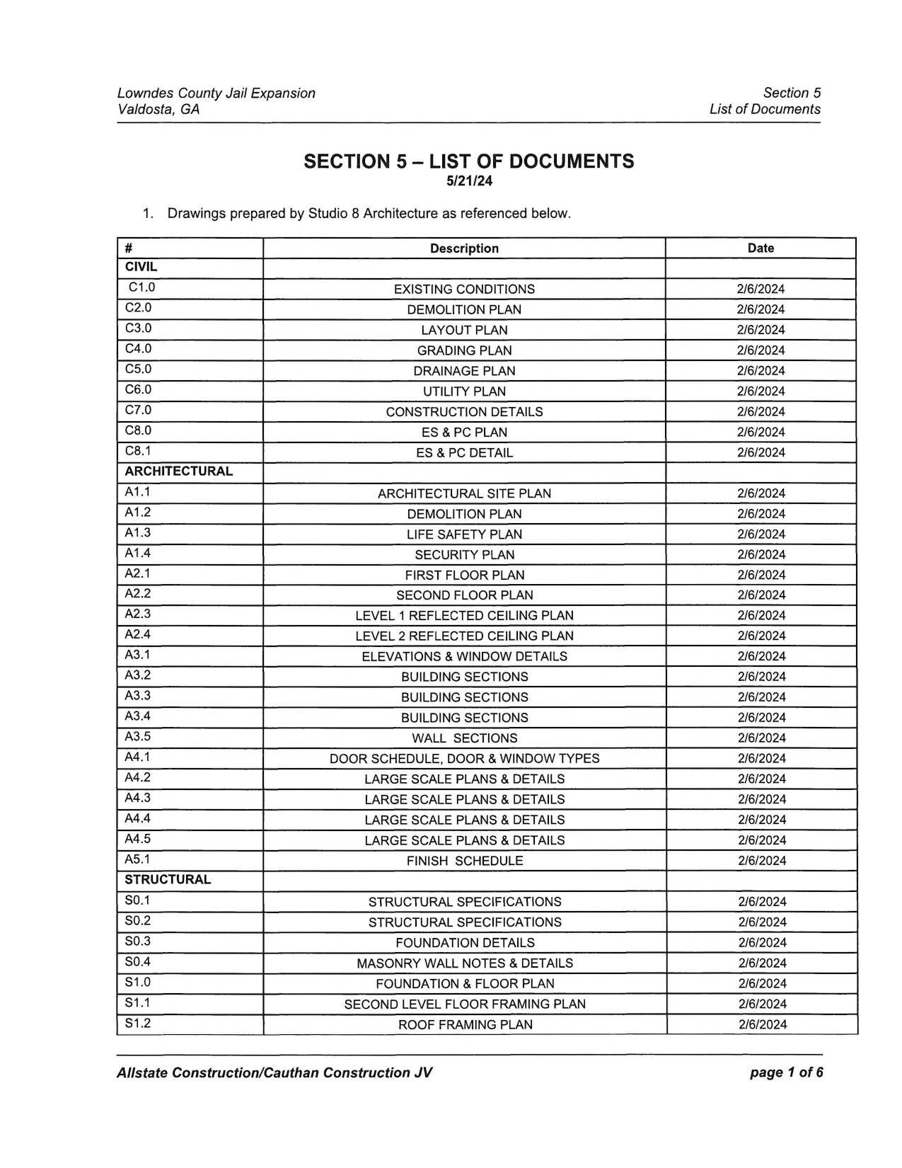 Section 5: List of Documents