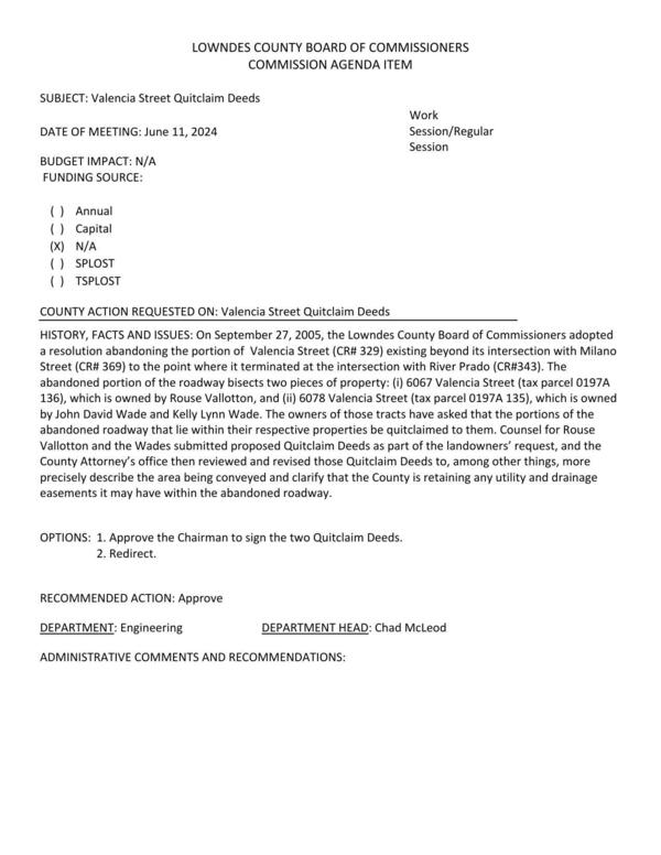 [On September 27, 2005, the Lowndes County Board of Commissioners adopted a resolution abandoning the portion of Valencia Street (CR# 329) existing beyond its intersection with Milano Street (CR# 369) to the point where it terminated at the intersection with River Prado (CR#343).]