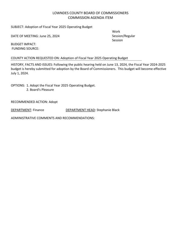 Following the public hearing held on June 13, 2024, the Fiscal Year 2024-2025 budget is hereby submitted for adoption by the Board of Commissioners. This budget will become effective July 1, 2024.