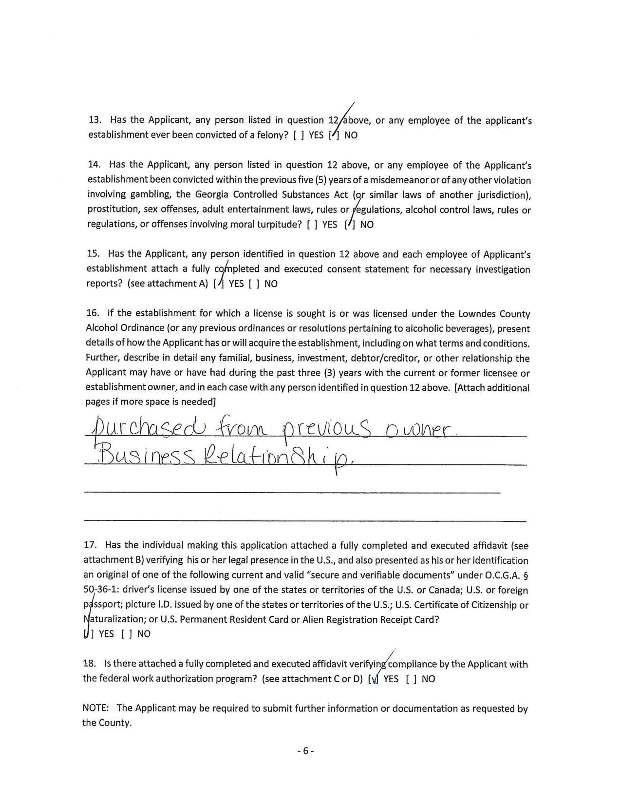 16. If the establishment for which a license is sought is or was licensed under the Lowndes County