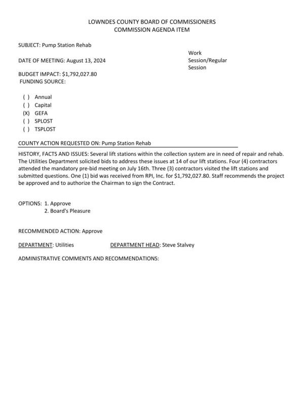 [Repair and rehab at 14 lift stations. BUDGET IMPACT: $1,792,027.80]