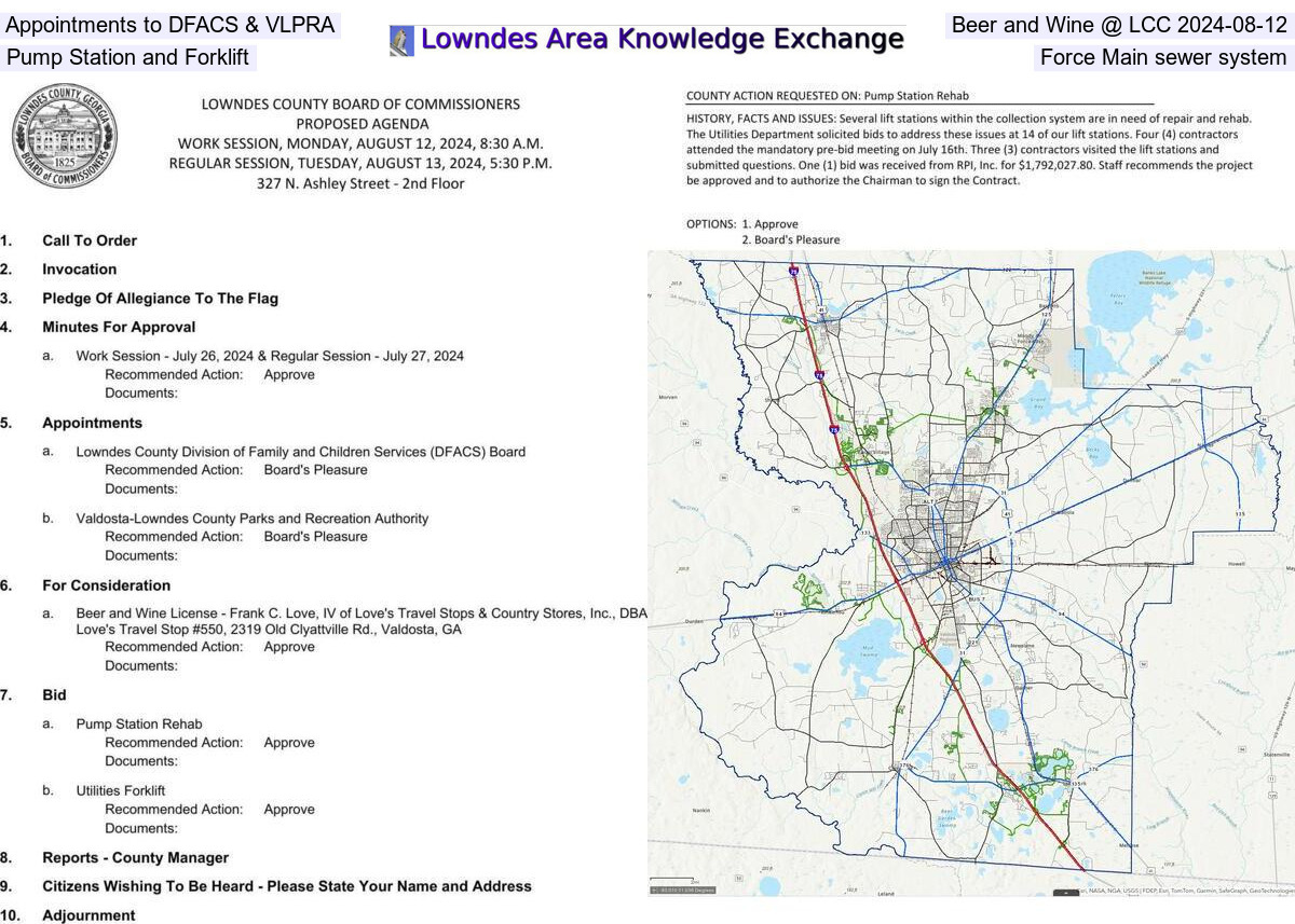 Appointments to DFACS & VLPRA, Beer and Wine, Pump Station and Forklift, Force Main sewer system @ LCC 2024-08-12