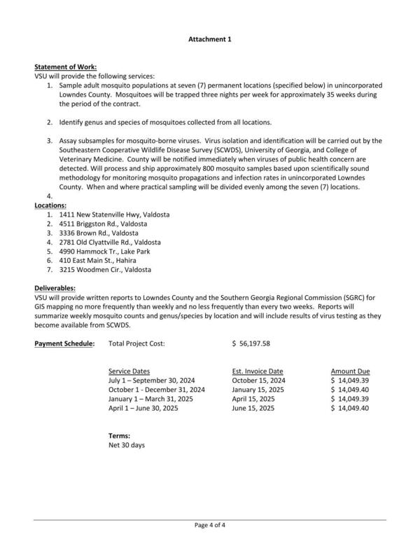 1. Sample adult mosquito populations at seven (7) permanent locations (specified below) in unincorporated