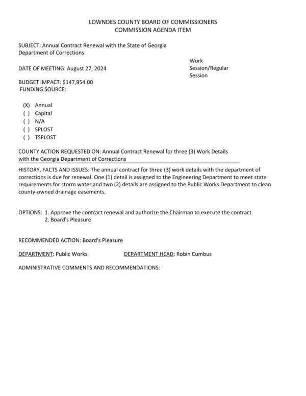 [BUDGET IMPACT: $147,954.00 a detail to Engineering for state stormwater requirements, and 2 details to Public Works to clean county-owned drainage easements]