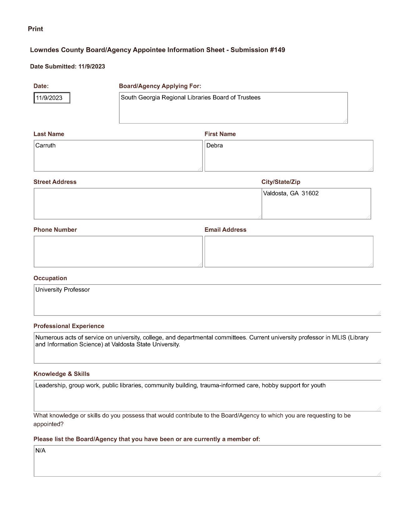 Debra Carruth application