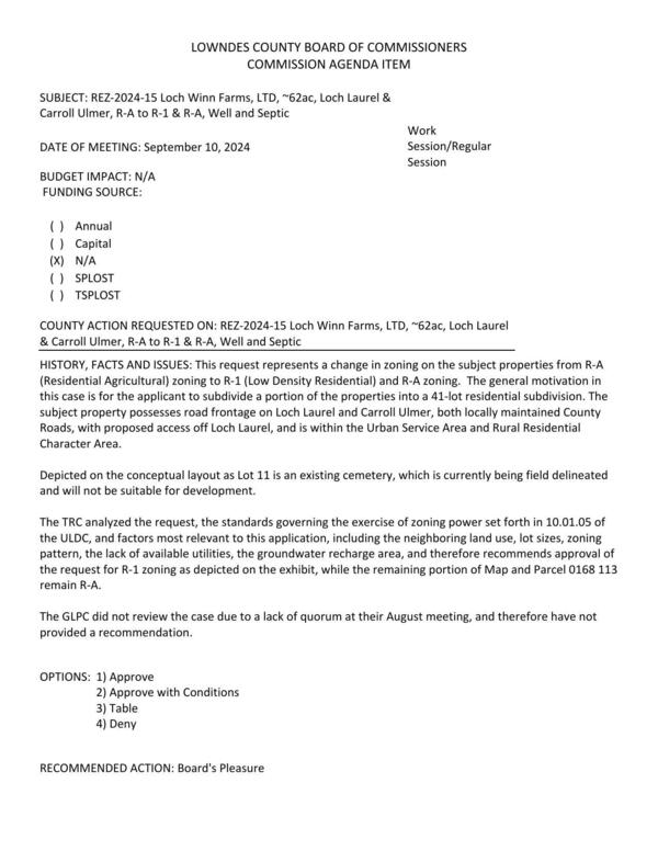 to subdivide a portion of the properties into a 41-lot residential subdivision. Road frontage on Loch Laurel and Carroll Ulmer; No GLPC review due to lack of quorum.