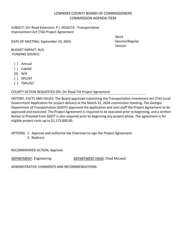 [GDOT approved the application and sent staff the Project Agreement to be approved and executed. eligible project costs up to $1,175,000.00.]