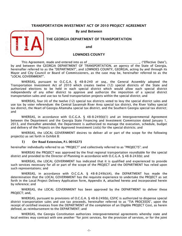 TRANSPORTATION INVESTMENT ACT OF 2010 PROJECT AGREEMENT