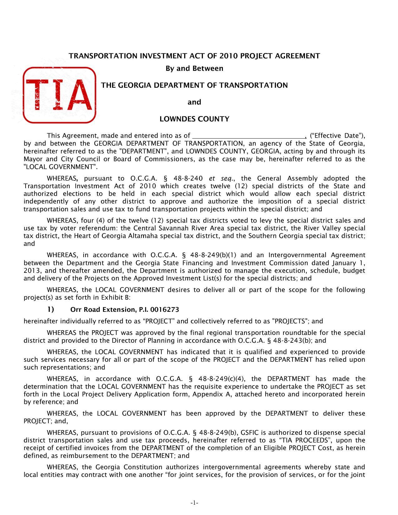 TRANSPORTATION INVESTMENT ACT OF 2010 PROJECT AGREEMENT