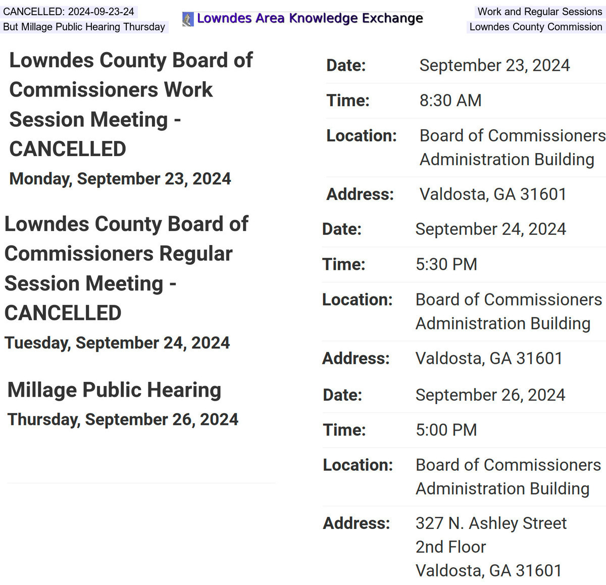 CANCELLED: 2024-09-23-24 Work and Regular Sessions, But Millage Public Hearing Thursday, Lowndes County Commission