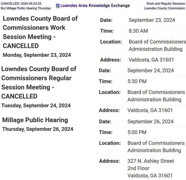 [CANCELLED: 2024-09-23-24 Work and Regular Sessions, But Millage Public Hearing Thursday, Lowndes County Commission]