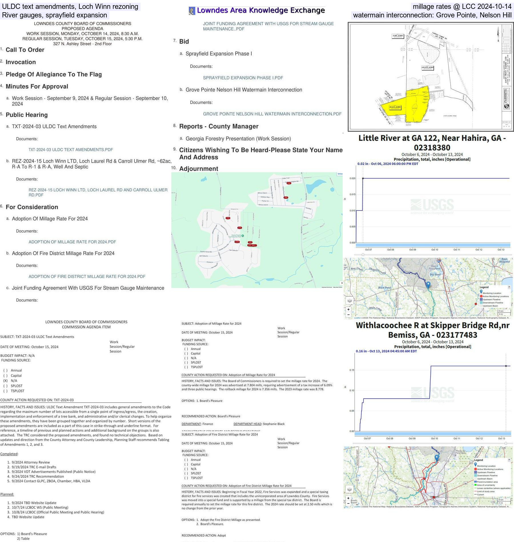 ULDC text amendments, Loch Winn rezoning, millage rates, river gauges, sprayfield expansion, watermain interconnection: Grove Pointe, Nelson Hill @ LCC 2024-10-14