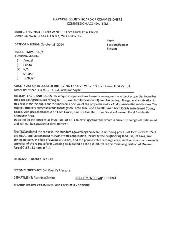 [to subdivide a portion of the properties into a 41-lot residential subdivision. The subject property possesses road frontage on Loch Laurel and Carroll Ulmer, both locally maintained County Roads...]