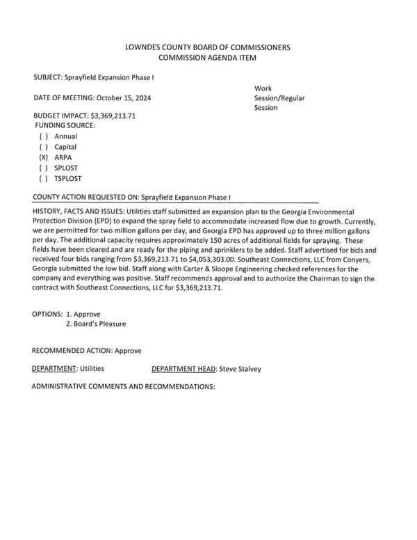 [BUDGET IMPACT: $3,369,213.71 GA-EPD has approved up to 3 mgd from 2 mgd. Four bids. Low bid Southeast Connections, LLC, from Conyers, GA.]