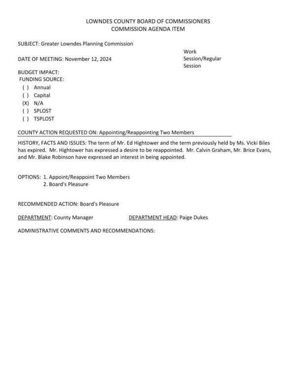 [Ed Hightower wants to be reappointed. Calvin Graham, Brice Evans, and Blake Robinson want to be appointed to the seat formerly held by Vicki Biles.]