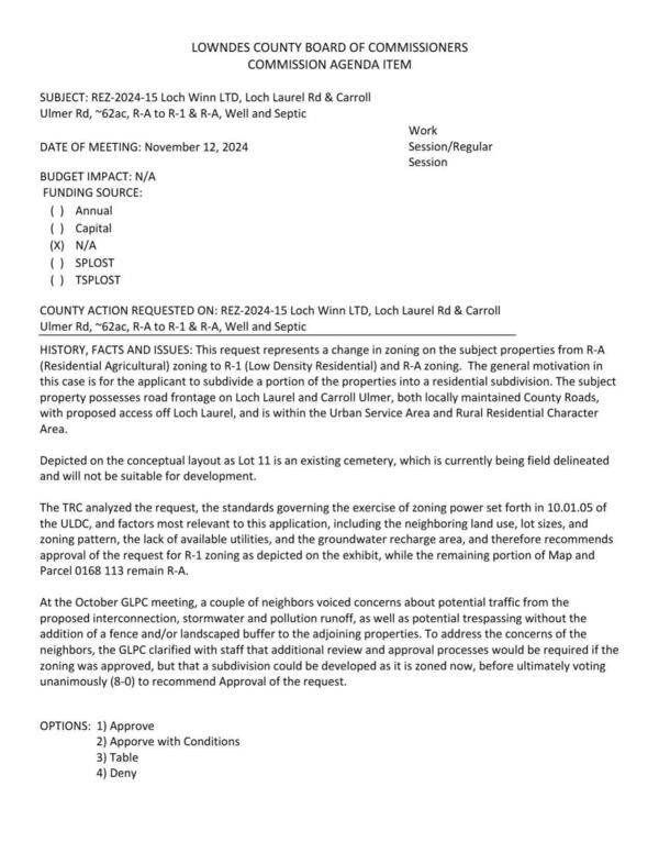 to subdivide a portion of the properties into a residential subdivision. Road frontage on Loch Laurel and Carrol Ulmer. GLPC recommended approval 8:0.