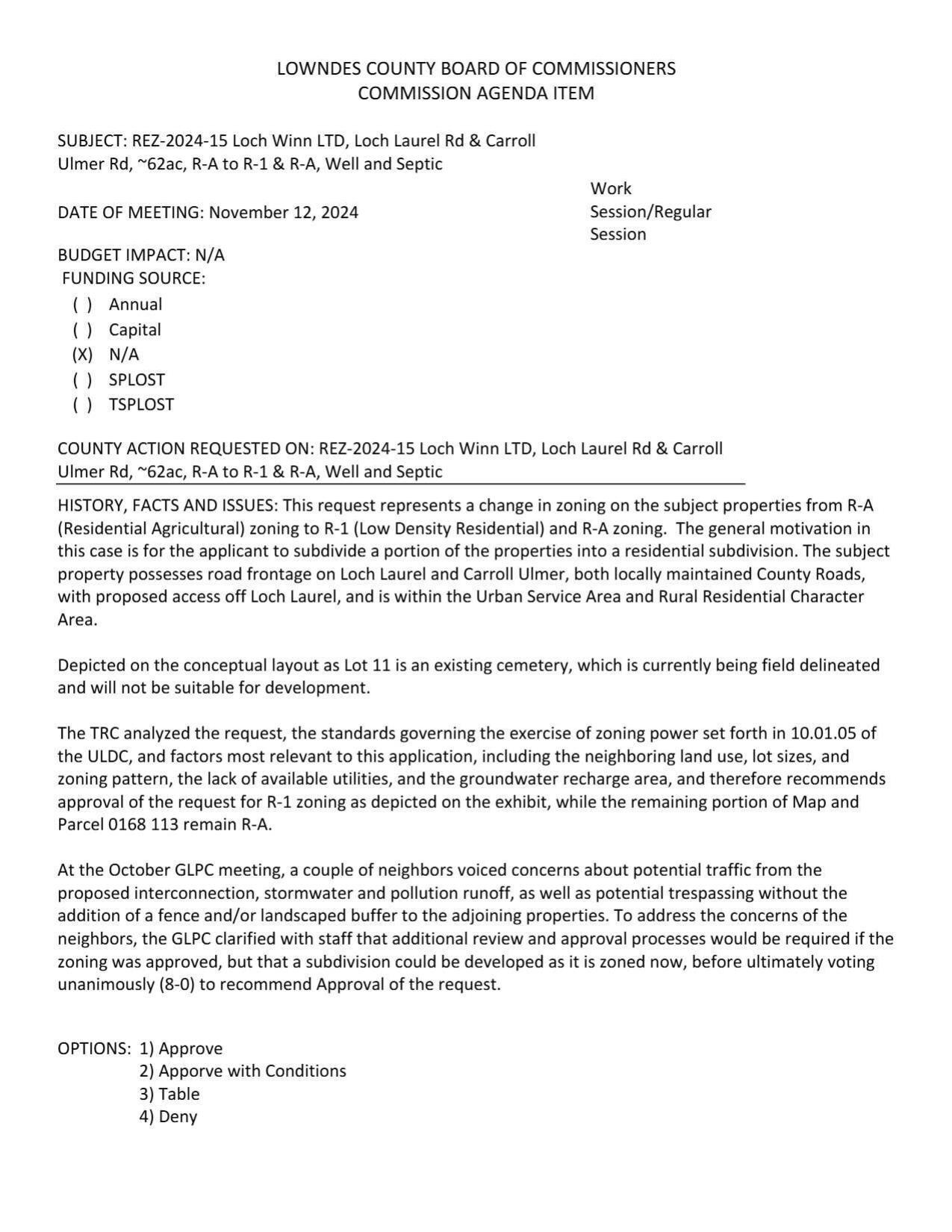 to subdivide a portion of the properties into a residential subdivision. Road frontage on Loch Laurel and Carrol Ulmer. GLPC recommended approval 8:0.