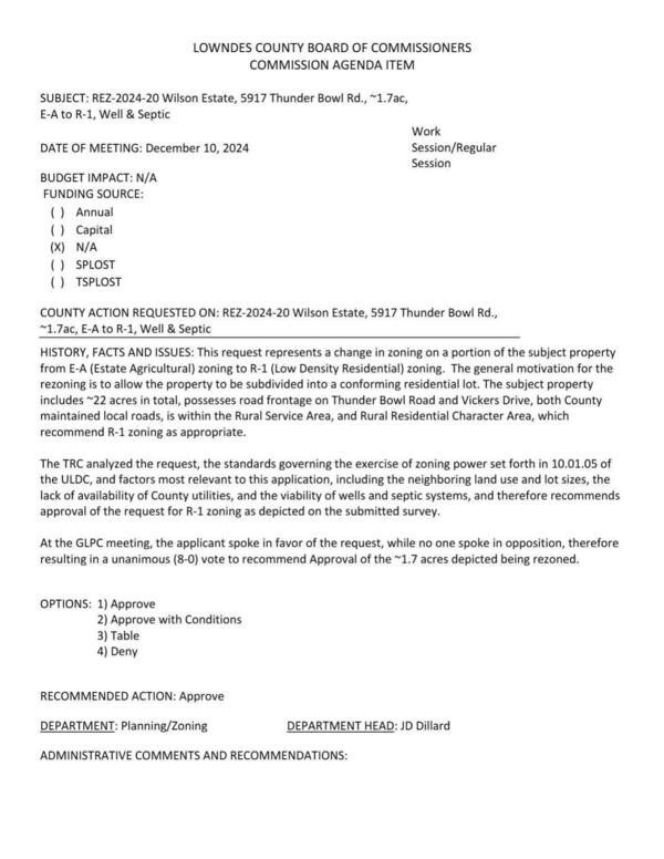 [to allow the property to be subdivided into a conforming residential lot. Road frontage on Thunder Bowl Road and Vickers Drive. GLPC recommended approval 8:0.]