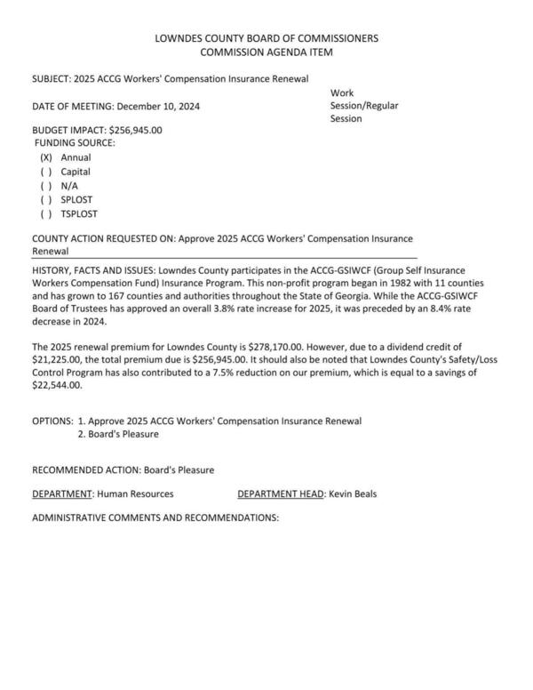 [BUDGET IMPACT: $256,945.00 3.8% rate increase after an 8.4% decrease in 2024]