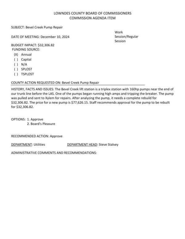 BUDGET IMPACT: $32,306.82 near the end of our trunk line before the LAS. One of the pumps began running high amps and tripping the breaker. The pump was pulled and sent to Xylem for repairs. After analyzing the pump, it needs a complete rebuild for $32,306.82. The price for a new pump is $77,626.15.