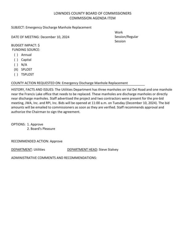 [The Utilities Department has three manholes on Val Del Road and one manhole near the Francis Lake office that needs to be replaced. These manholes are discharge manholes or directly near discharge manholes. Bids will be opened 11 AM, Tuesday, December 10, 2024.]