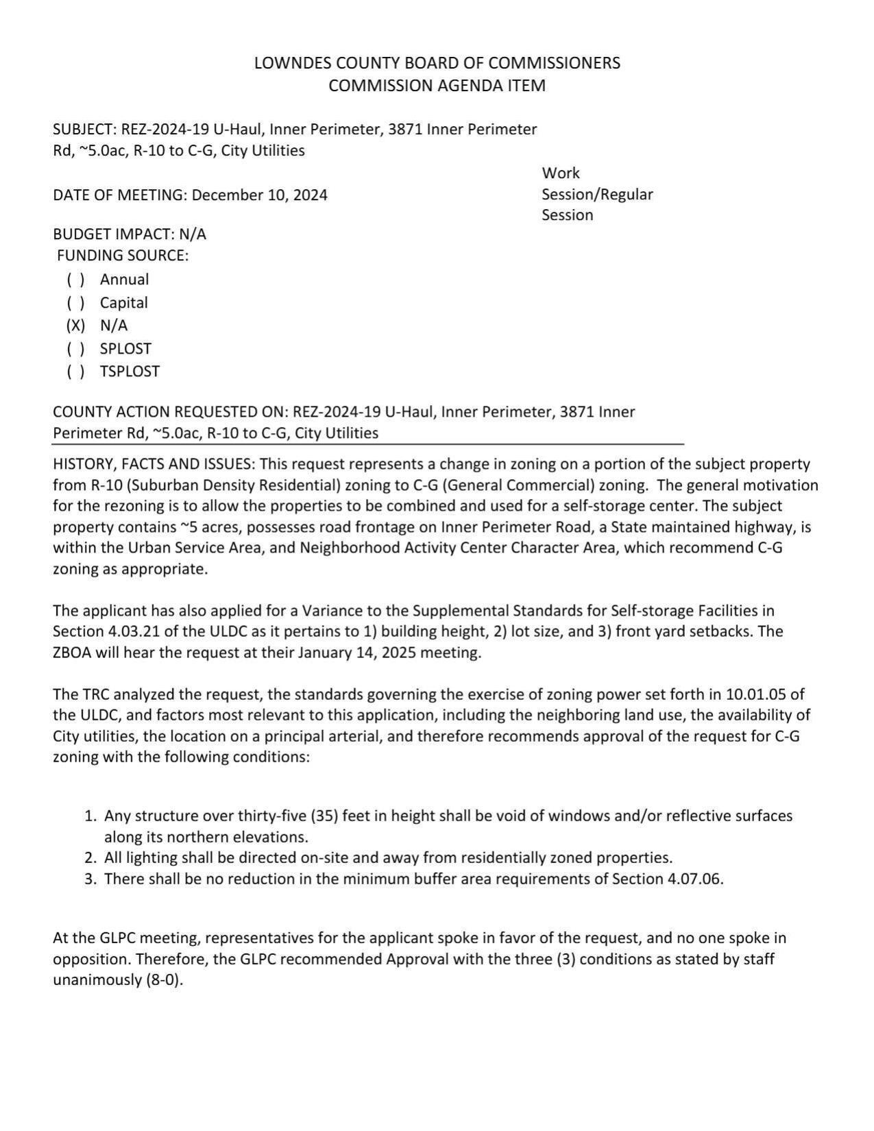 to allow the properties to be combined and used for a self-storage center. Road frontage on Inner Perimeter Road. GLPC recommended approval 8:0 with three conditions.