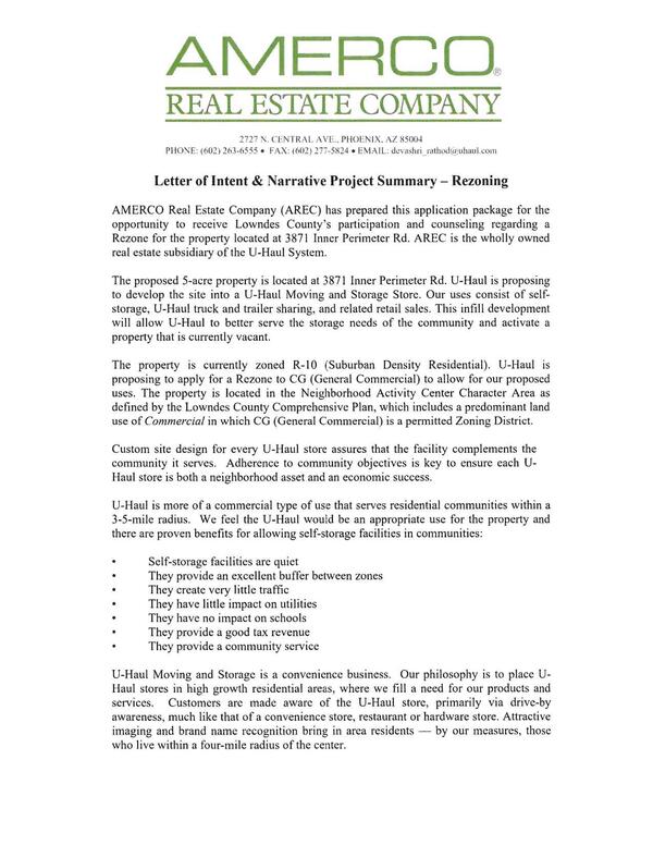 Letter of Intent by Amerco Real Estate Company