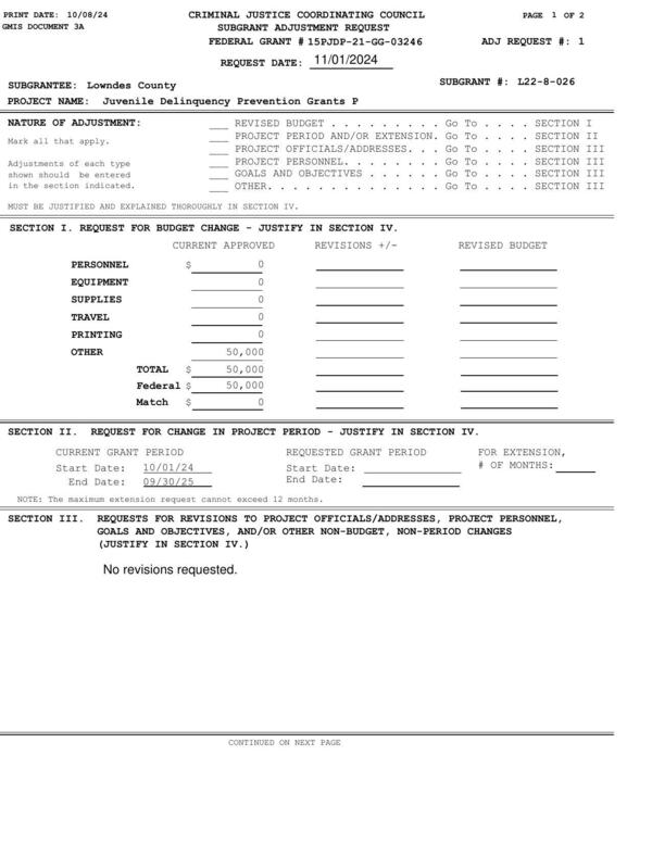 SUBGRANT ADJUSTMENT REQUEST