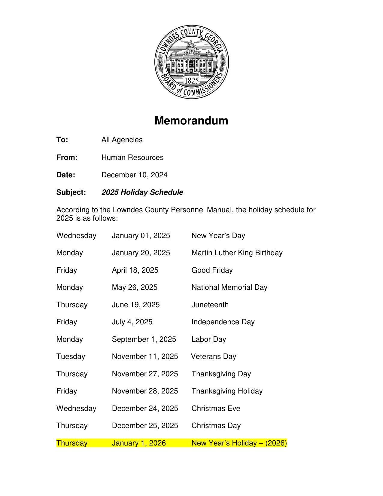 2025 LCC Holiday Schedule