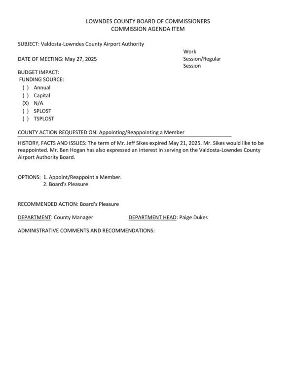 [Jeff Sikes wants to be reappointed and Ben Hogan has also applied.]