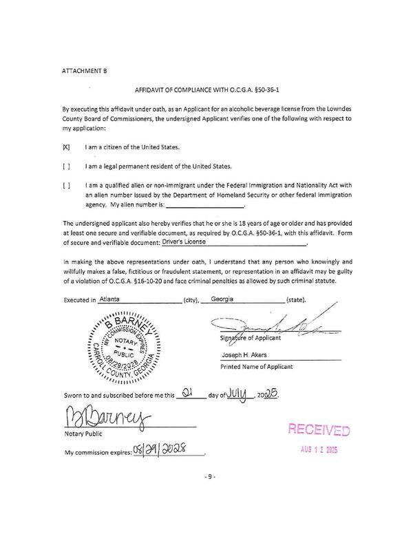 Joseph H. Akers, AFFIDAVIT OF COMPLIANCE WITH O.C.G.A. §50-36-1