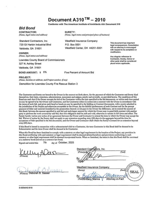 BOND AMOUNT: $ 5% Five Percent of Amount Bid