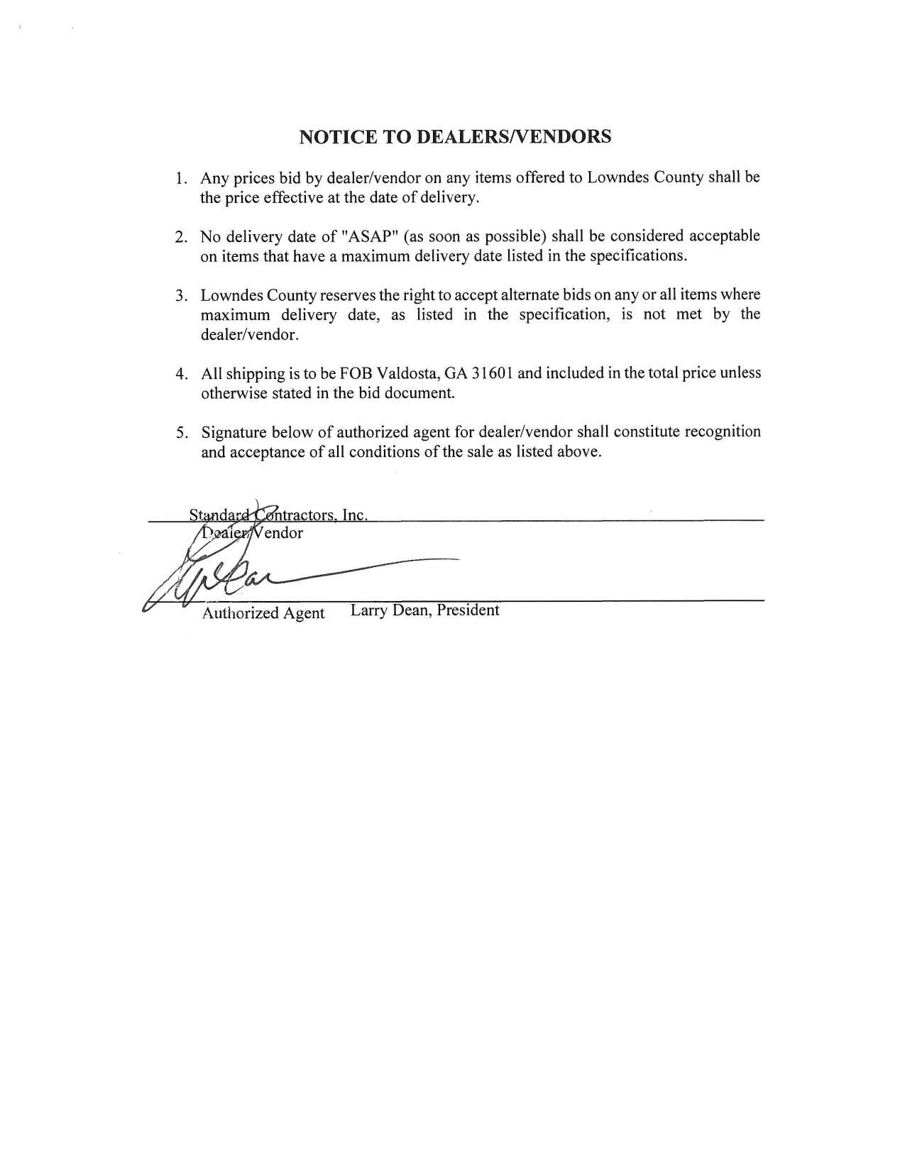 NOTICE TO DEALERS/VENDORS