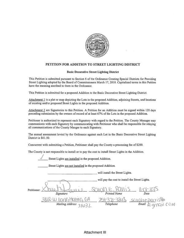 Petition for Addition to Street Lighting District