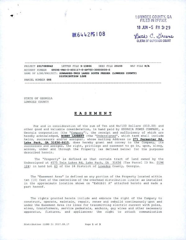 EASEMENT for power line through Bobby Lambert property