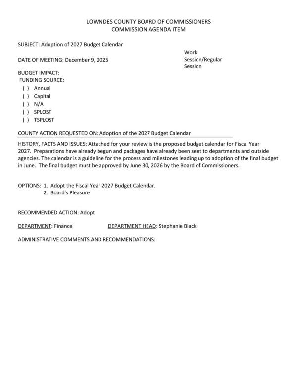 [The final budget must be approved by June 30, 2026 by the Board of Commissioners.]