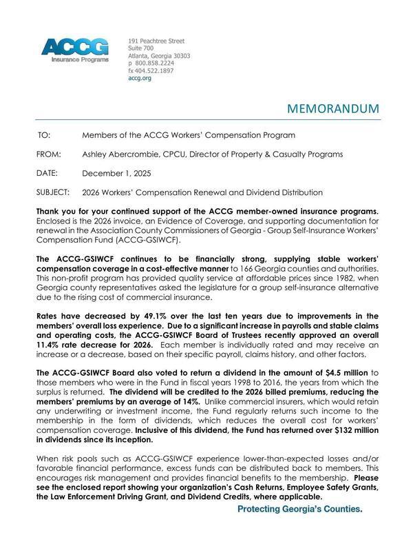 MEMORANDUM: — 2026 Workers’ Compensation Renewal and Dividend Distribution