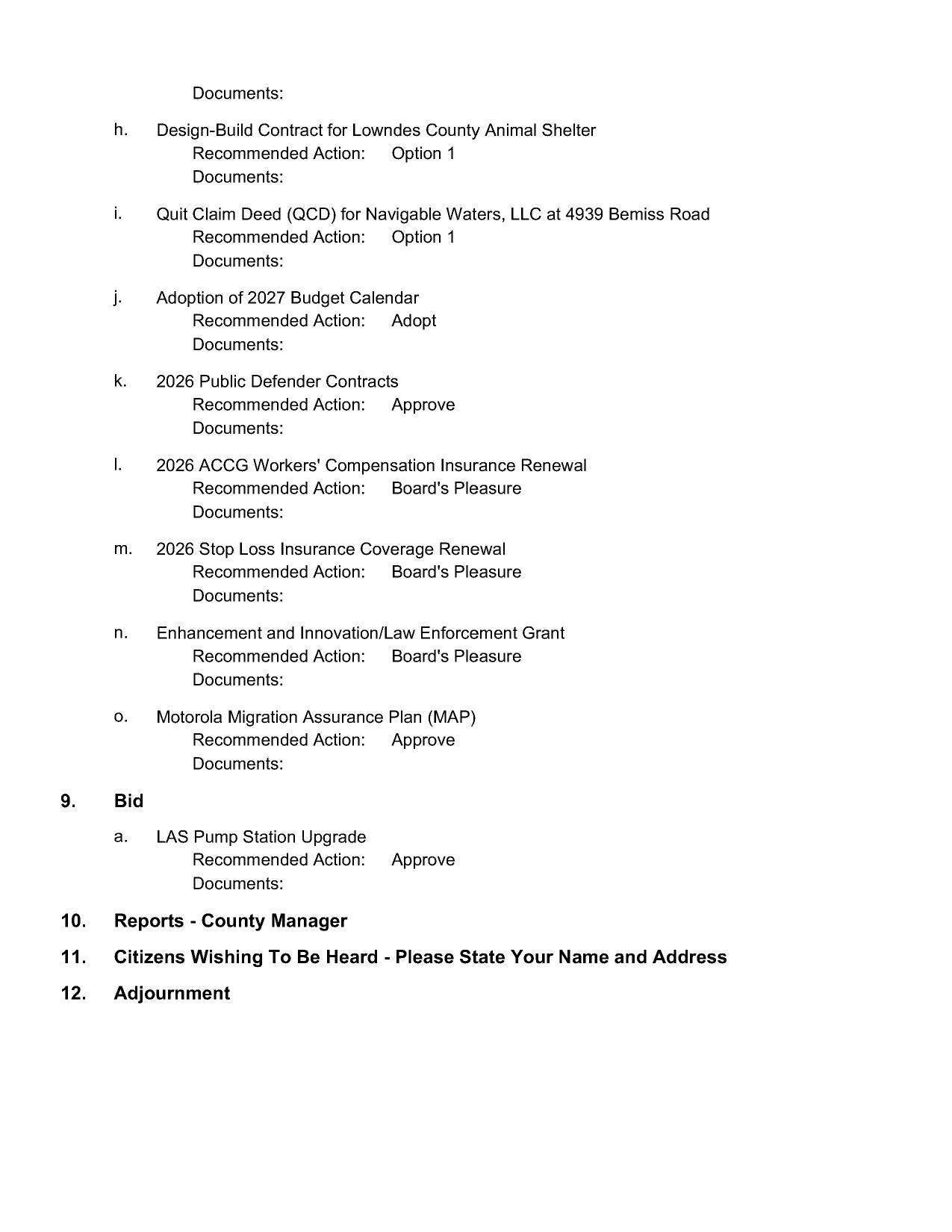 Bid, Reports, CWTBH, Adjournment