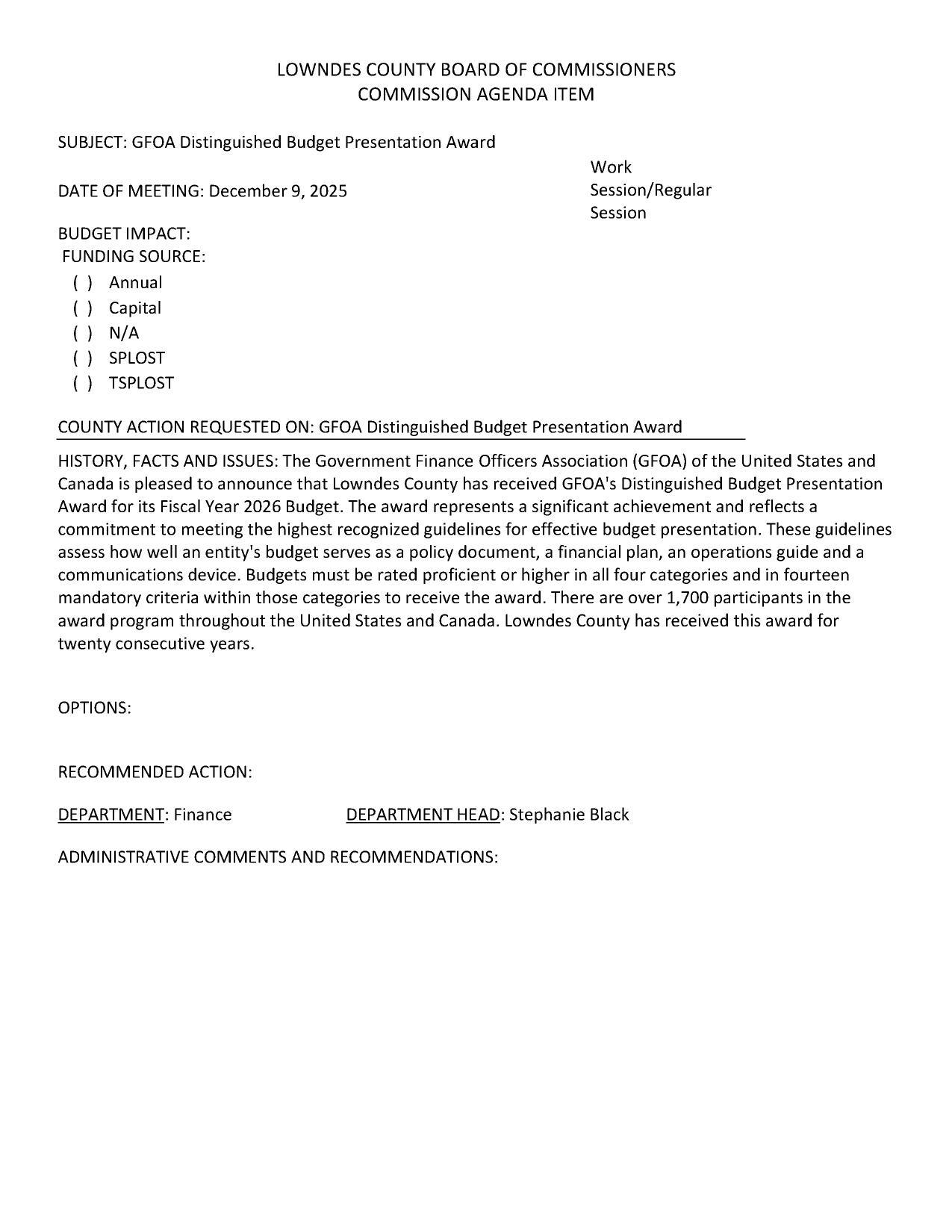 From the Government Finance Officers Association (GFOA) of the United States and Canada, for the 20th consecutive year.