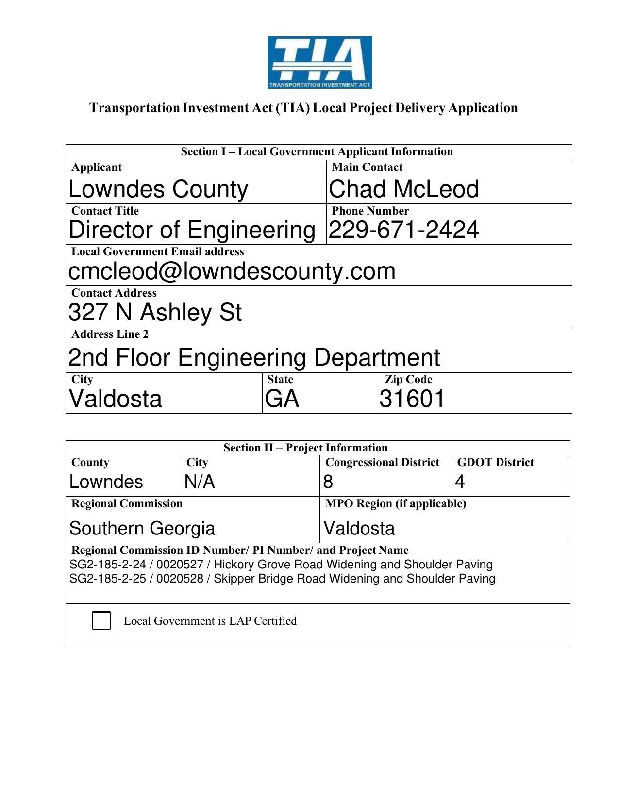 Section I Local Government Applicant Information