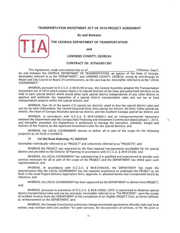TRANSPORTATION INVESTMENT ACT OF 2010 PROJECT AGREEMENT