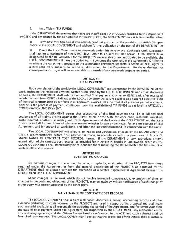 notice to the LOCAL GOVERNMENT and without further obligation on the part of the DEPARTMENT; or