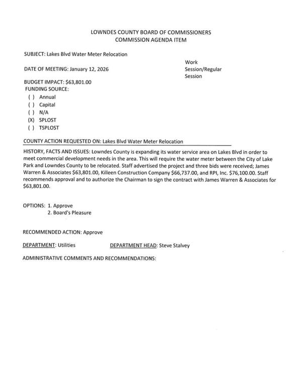 [BUDGET IMPACT: $63,801.00 FUNDING SOURCE: (x) SPLOST to meet commercial development needs in the area.]