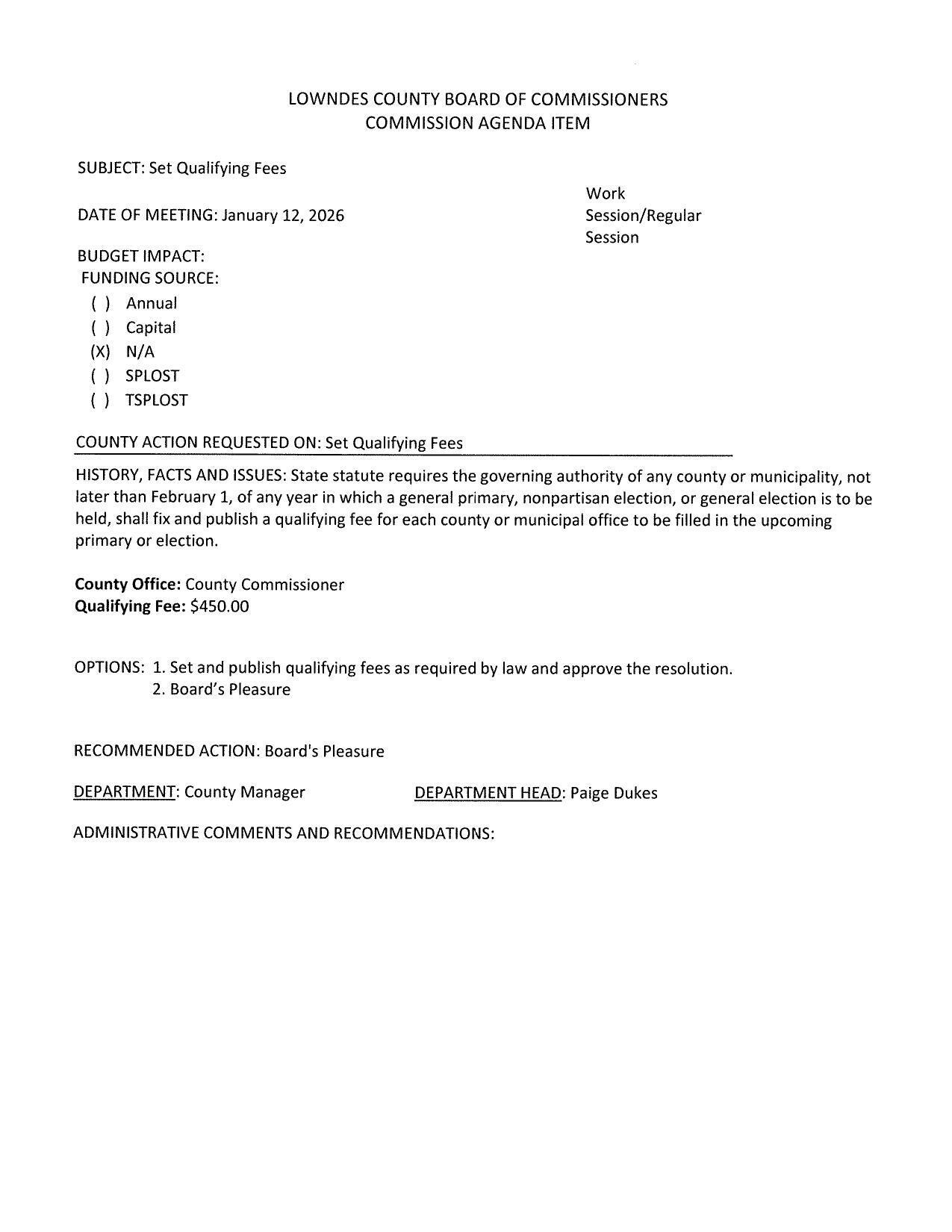 $450 to run for County Commissioner