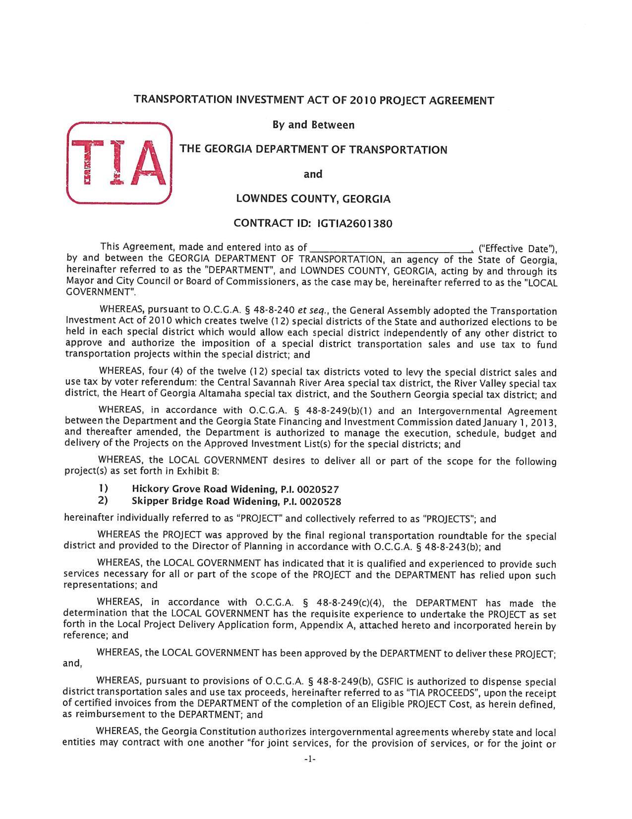TRANSPORTATION INVESTMENT ACT OF 2010 PROJECT AGREEMENT