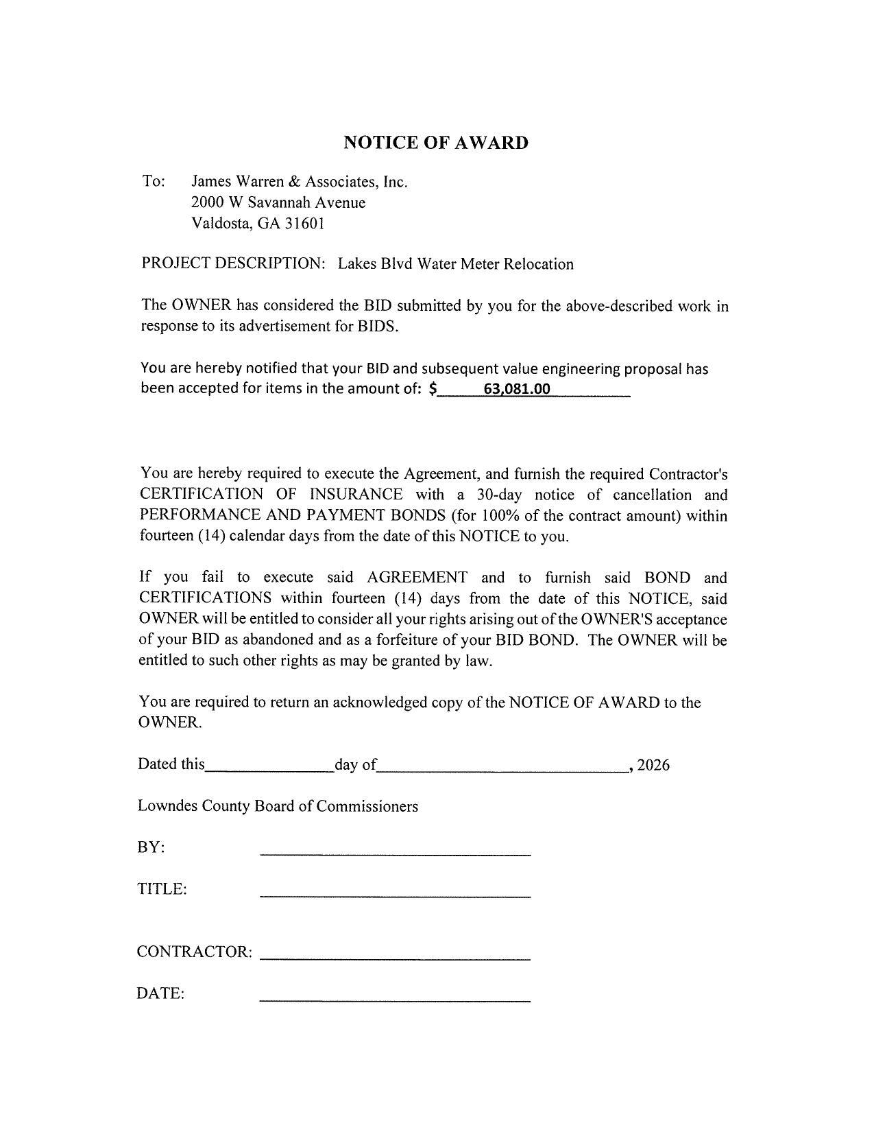 NOTICE OF AWARD