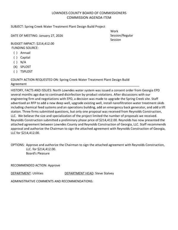 [BUDGET IMPACT: $214,412.00 FUNDING SOURCE: (xX) SPLOST due to GA-EPD Consent Order, one bid, Reynolds Construction]
